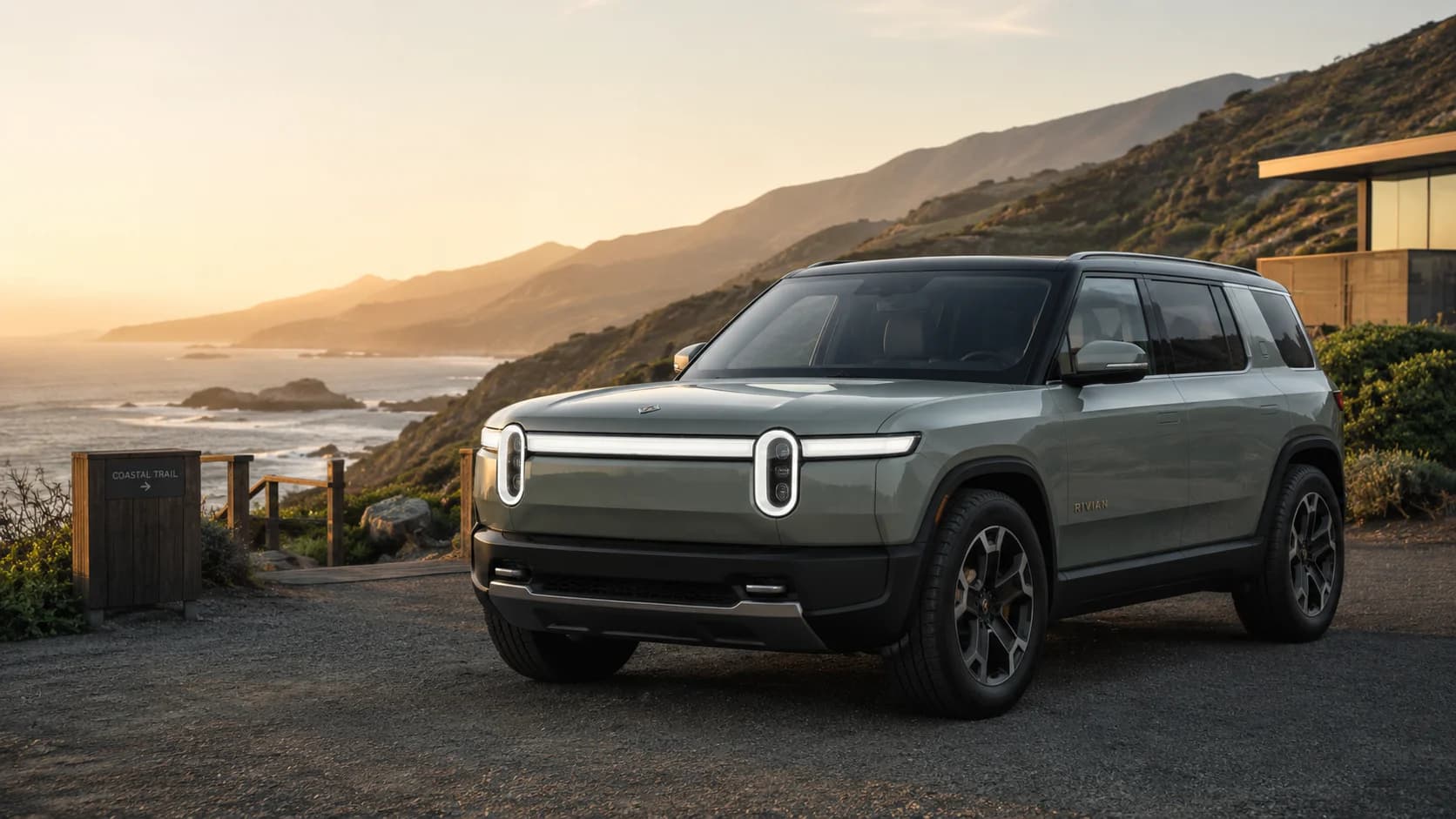 2026 Rivian R2 electric SUV in three-quarter front view